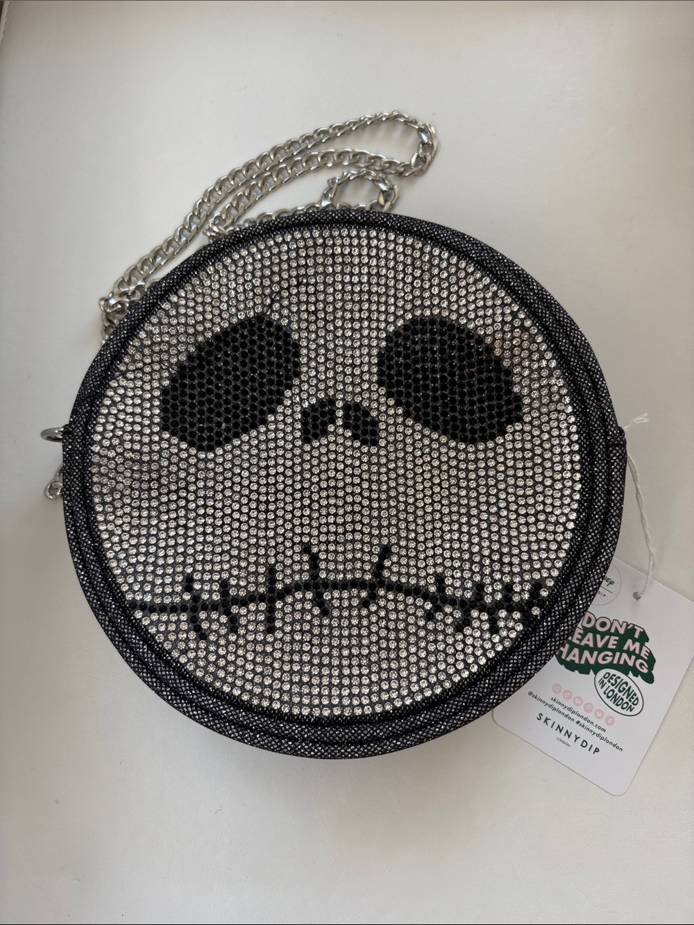 Skinnydip Silver Crystal Skull Round Crossbody Bag